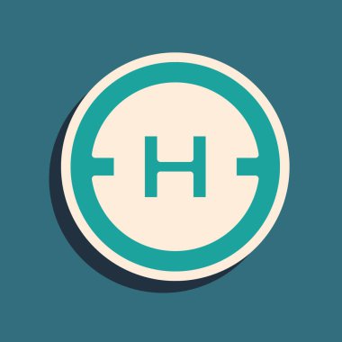 Yeşil Helikopter iniş pisti simgesi yeşil arkaplanda izole edildi. Helikopter pisti, alan, platform, H harfi. Uzun gölge tarzı. Vektör