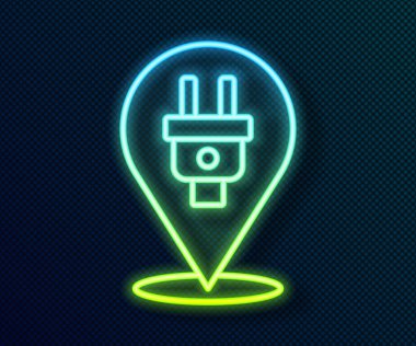 Parlayan neon hattı elektrik prizi simgesi siyah arkaplanda izole edildi. Bağlantı kavramı ve elektriğin kesilmesi. Vektör