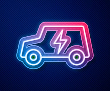 Parlak neon hattı elektrikli araba ve elektrik kablosu şarj ikonu mavi arka planda izole edildi. Yenilenebilir ekolojik teknolojiler. Vektör