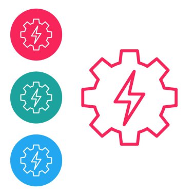 Kırmızı çizgi dişlisi ve şimşek ikonu beyaz arkaplanda izole edilmiş. Elektrik gücü. Şimşek işareti. Simgeleri daire düğmelerine ayır. Vektör