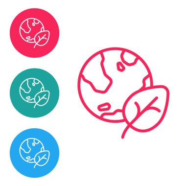 Kırmızı çizgi Dünya küresi ve yaprak ikonu beyaz arka planda izole edildi. Dünya ya da Dünya işareti. Geometrik şekiller. Çevresel konsept. Simgeleri daire düğmelerine ayır. Vektör