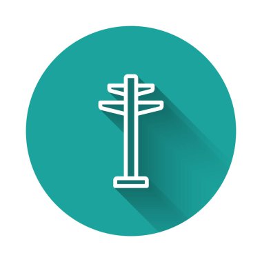 Beyaz hat elektrik kulesi uzun gölge arkaplan izole edilmiş bir güç hattı ikonunu desteklemek için kullanılır. Yüksek voltajlı elektrik direği hattı. Yeşil daire düğmesi. Vektör