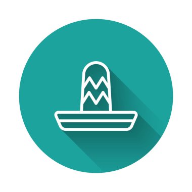 Beyaz çizgi Geleneksel Meksika sombrero şapka ikonu uzun gölge arkaplan izole. Yeşil daire düğmesi. Vektör