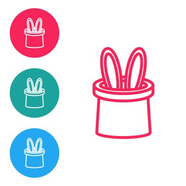 Kırmızı çizgi sihirbaz şapkası ve tavşan kulağı simgesi beyaz arka planda izole edilmiş. Sihir numarası. Gizemli eğlence konsepti. Simgeleri daire düğmelerine ayır. Vektör