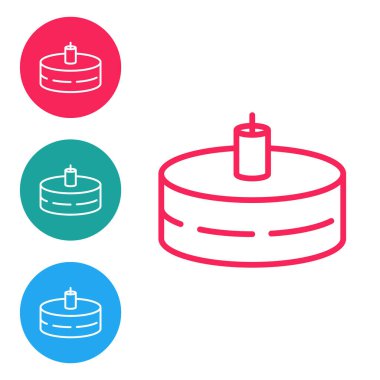 Beyaz arkaplanda yanan mum simgesi olan kırmızı çizgi pastası. Doğum günün kutlu olsun. Simgeleri daire düğmelerine ayır. Vektör