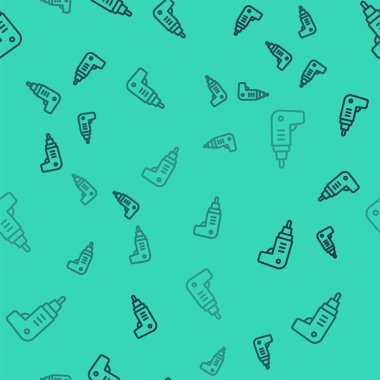 Siyah çizgi elektrik kablosuz tornavida simgesi yeşil arka planda izole edilmiş pürüzsüz desen. Elektrikli matkap. Tamir aleti. Vektör