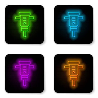 Parlayan neon hattı inşaat kaya matkabı ikonu beyaz arka planda izole edildi. Siyah kare düğme. Vektör