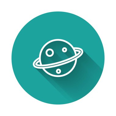 Gezegen Satürn 'ün beyaz çizgisi. Gezegen halka sistemi simgesi uzun gölgeli. Yeşil daire düğmesi. Vektör