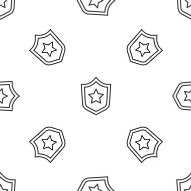 Gri çizgi polis rozeti ikonu beyaz arka planda izole edilmiş kusursuz desen. Şerif rozeti. Yıldız sembollü kalkan. Vektör