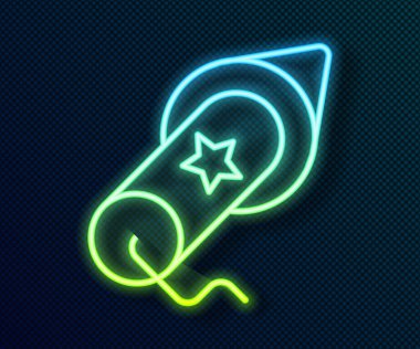 Parlayan neon hattı Firework simgesi siyah arkaplanda izole edildi. Eğlence partisi anlayışı. Patlayıcı havai fişek sembolü. Vektör