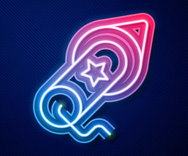 Parlayan neon hattı Firework simgesi mavi arkaplanda izole edildi. Eğlence partisi anlayışı. Patlayıcı havai fişek sembolü. Vektör