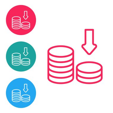 Kırmızı çizgi dolar oranı azaltımı simgesi beyaz arkaplanda izole edildi. Maliyet düşüşü. Aşağı ok ile para sembolü. İş kaybı kriz azalıyor. Simgeleri daire düğmelerine ayır. Vektör