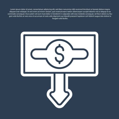 Mavi çizgi dolar oranı azaltımı simgesi mavi arkaplanda izole edildi. Maliyet düşüşü. Aşağı ok ile para sembolü. İş kaybı kriz azalıyor. Vektör