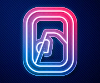 Parlayan neon hattı uçak pencere simgesi mavi arkaplanda izole edildi. Uçak lombozu. Vektör