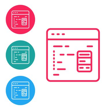 Kırmızı çizgi Yazılım, Web Geliştirici programlama kodu simgesi beyaz arkaplanda izole edildi. Program kodunun rastgele bilgisayar betiği parçalarını Javascript et. Simgeleri daire düğmelerine ayır. Vektör
