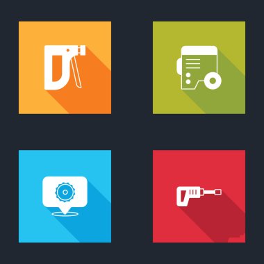 İnşaat zımbası, elektrik jeneratörü, dairesel testere bıçağı ve döner çekiç matkap ikonu. Vektör