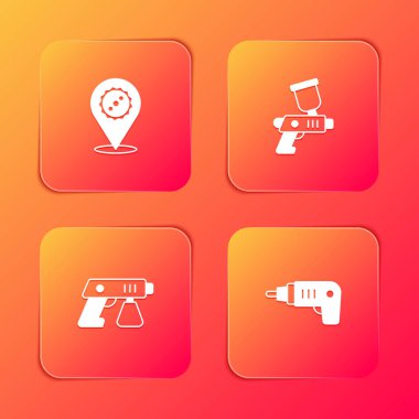 Dairesel testere bıçağı, boya sprey tabancası ve elektrik kablosuz tornavida ikonunu hazırla. Vektör