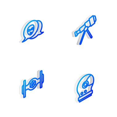 Isometric hattı Teleskop, Uzaylı, Kozmik gemi ve Astronot başlık simgesini ayarla. Vektör