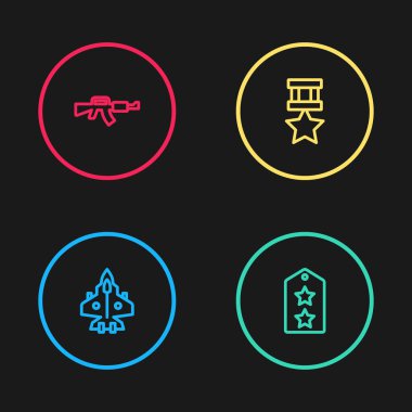 Jet savaş uçağı, askeri rütbe, ödül madalyası ve M16A1 tüfek ikonu. Vektör