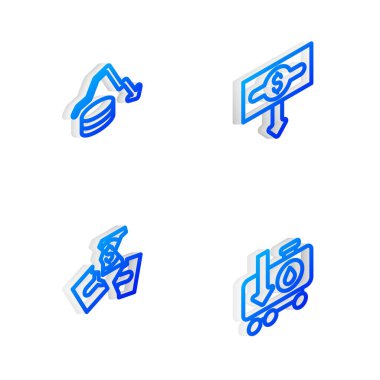 Isometric hattı dolar oranı düşüşünü ayarlayın, para banknotu yırtılması ve ham petrol fiyat ikonu düşüşü. Vektör