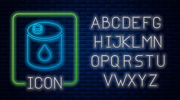 Gloeiende Neon Vat Olie Pictogram Geïsoleerd Baksteen Muur Achtergrond Neon — Stockvector