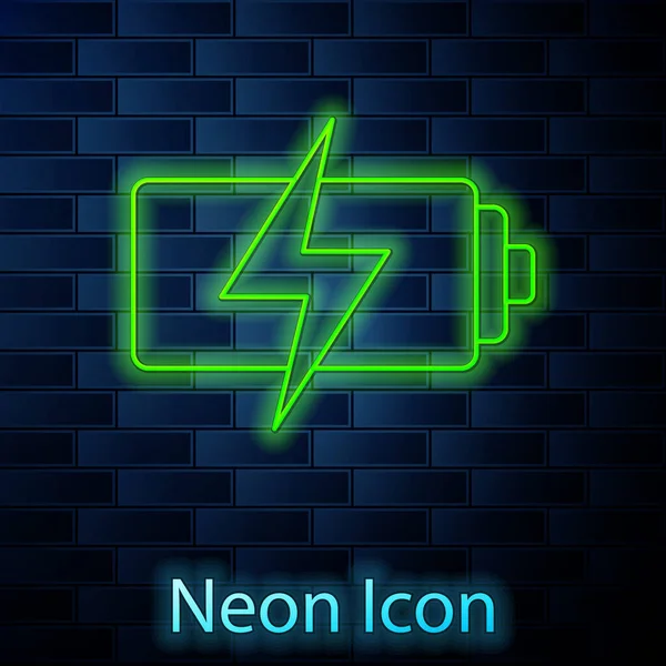 Gloeiende Neon Lijn Batterij Pictogram Geïsoleerd Baksteen Muur Achtergrond Bliksemschicht — Stockvector