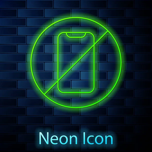 Glowing Neon Line Cell Phone Icon Isolated Brick Wall Background — Stock Vector