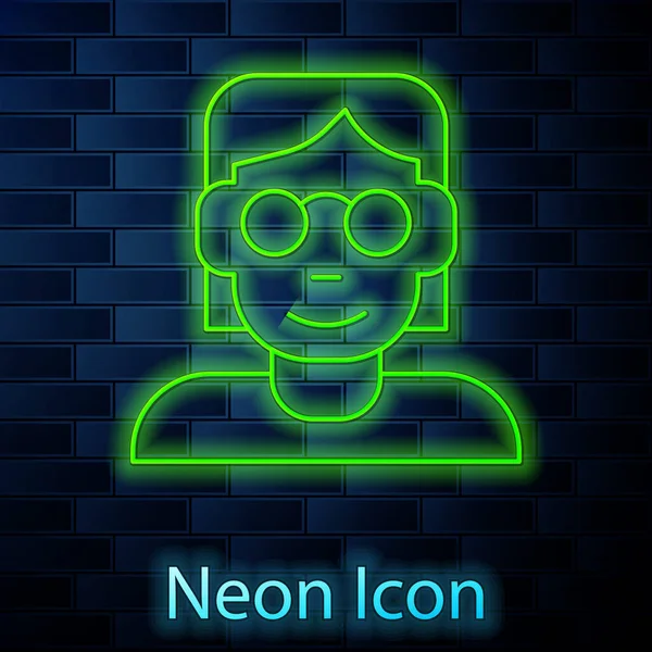 Glowing Neon Line Hacker Coder Icon Isolated Brick Wall Background — Stock Vector