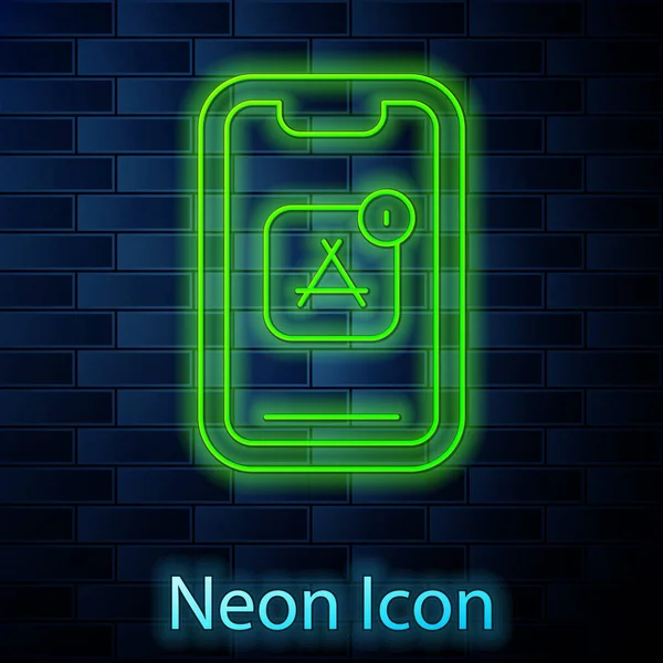 Gloeiende Neon Lijn Mobile Apps Pictogram Geïsoleerd Bakstenen Muur Achtergrond — Stockvector