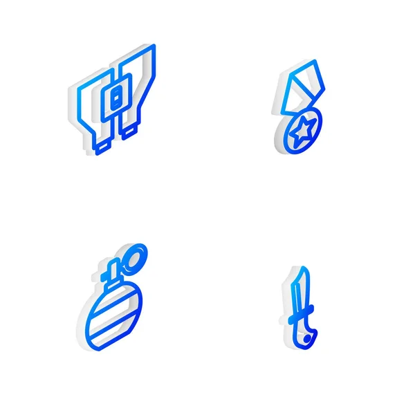 Set Isometric Line Vojenská Odměna Medaile Binokulár Ruční Granát Ikona — Stockový vektor