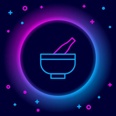 Parlayan neon hattı havan ve tokmak simgesi siyah arkaplanda izole edildi. Renkli taslak konsepti. Vektör