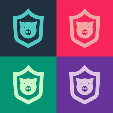 Renkli arka planda domuz simgesi olan pop sanat kalkanı. Hayvan sembolü. Vektör