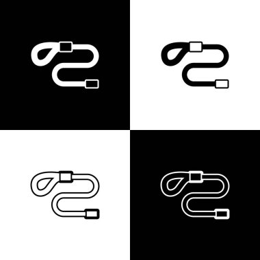 Siyah ve beyaz arkaplanda izole edilmiş karabina ikonu ile geri çekilebilir ip tasmasını ayarla. Evcil köpek liderliği. Açık hava yürüyüşü için hayvan aksesuarı. Vektör