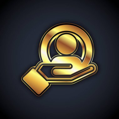 Aramak için Altın El siyah arkaplanda izole edilmiş bir insan simgesi. İşe alım ya da seçim konsepti. Çalışanları ve işi ara. Vektör