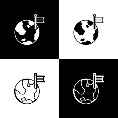 Siyah beyaz arkaplanda bayrak simgesine sahip Gezegen Ayarla. Zafer, kazanmak ve zorluk konseptini fethetmek. Vektör