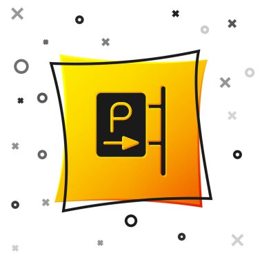 Siyah park simgesi beyaz arkaplanda izole edildi. Sokak tabelası. Sarı kare düğme. Vektör