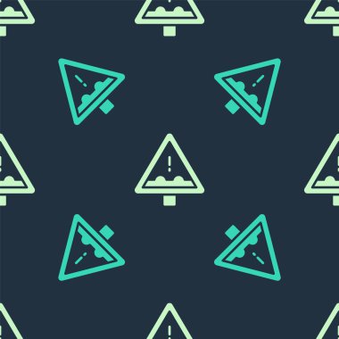 Yeşil ve bej renkli Uneven yolu tabelası. Uyarı yol simgesi mavi arkaplanda izole edilmiş. Trafik kuralları ve güvenli sürüş. Vektör