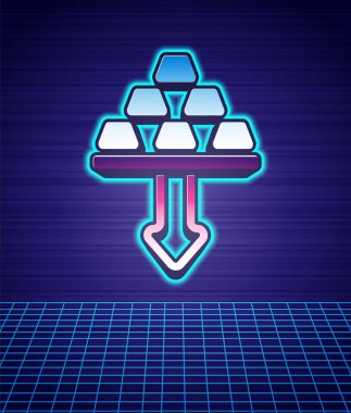 Retro stili Altın Çubuk simgesi, gelecekten izole edilmiş manzara arka planı. Değerli metallerin düşüşü. Bankacılık işi konsepti. 80 'lerin moda partisi. Vektör