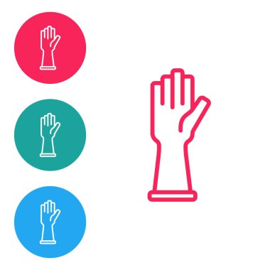 Kırmızı çizgili lastik eldiven ikonu beyaz arkaplanda izole edildi. Lateks el koruması işareti. Ev işi temizlik ekipmanları sembolü. Simgeleri daire düğmelerine ayır. Vektör