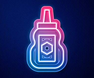 Parlayan neon hattı bal ikonu kavanozu mavi arkaplanda izole edildi. Yiyecek bankası. Tatlı doğal gıda sembolü. Vektör