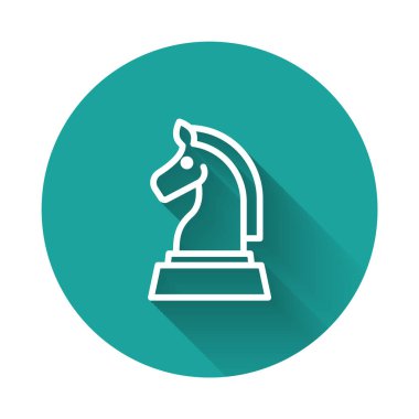 Beyaz çizgi satranç ikonu uzun gölge arkaplan izole. İş stratejisi. Oyun, yönetim, finans. Yeşil daire düğmesi. Vektör