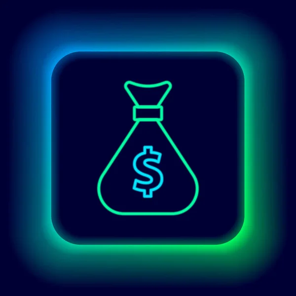 Glödande Neon Line Pengar Väska Ikon Isolerad Svart Bakgrund Dollar — Stock vektor