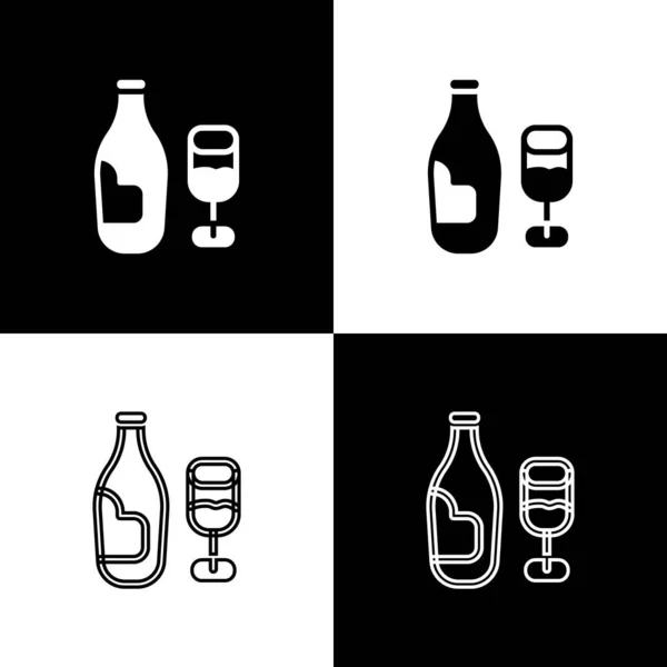 Set Bouteille Vin Avec Icône Verre Isolé Sur Fond Noir — Image vectorielle