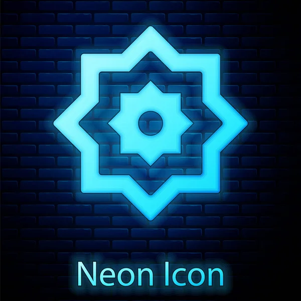 Glödande Neon Islamisk Åttkantig Stjärna Prydnad Ikon Isolerad Tegel Vägg — Stock vektor
