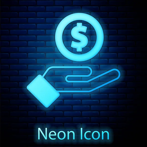 Glowing Neon Human Hand Giving Money Icon Isolated Brick Wall — Stock Vector