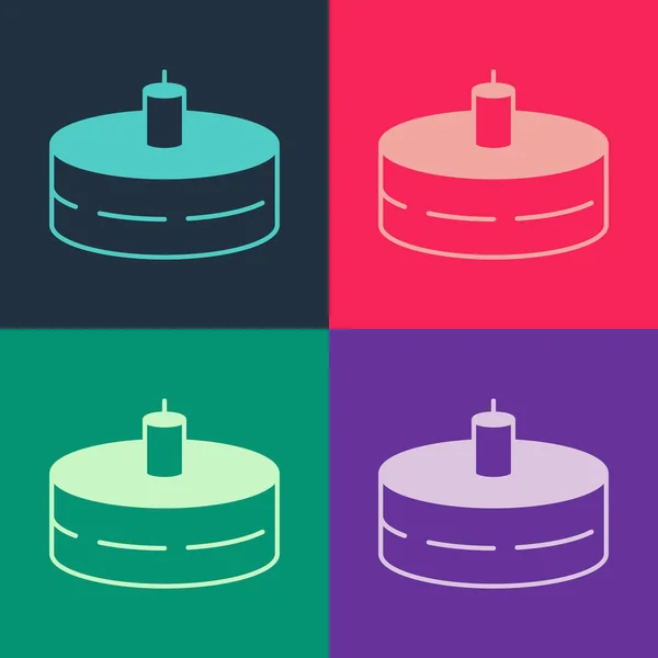 Pop Art Kuchen Mit Brennenden Kerzen Symbol Isoliert Auf Farbigem — Stockvektor
