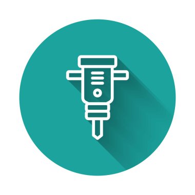 Beyaz çizgili kaya matkabı ikonu uzun gölgeli arka plan. Yeşil daire düğmesi. Vektör