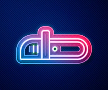 Parlayan neon hattı zincir testeresi simgesi mavi arkaplanda izole edildi. Vektör