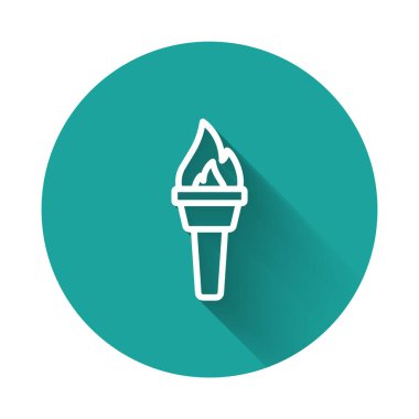 Beyaz çizgi El Feneri alev ikonu uzun gölge arkaplan izole. Sembol ateşi sıcak, alev gücü, alev ve ısı. Yeşil daire düğmesi. Vektör