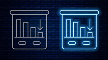 Parlayan neon hattı pasta grafiği bilgi simgesi tuğla duvar arka planında izole edildi. Diyagram çizelgesi. Dünya finans krizi. Vektör